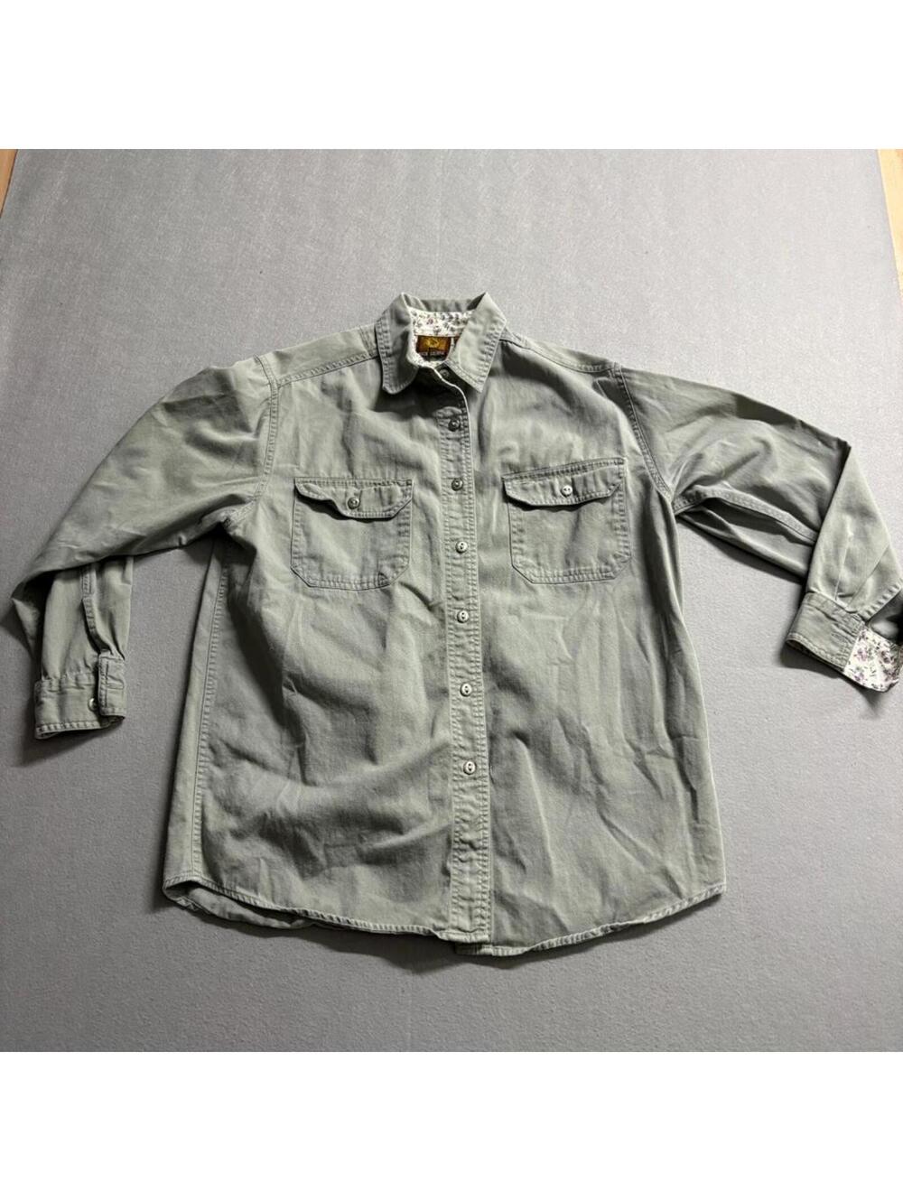 High Sierra Womens Medium Green Twill Button Up Shirt Floral Trim Long Sleeve